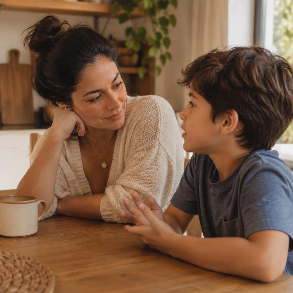 Mãe ouvindo atentamente o filho na mesa de casa